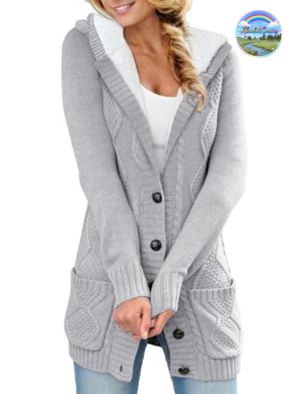 Women's Cable Knit Fleece Lined Hooded Cardigan Sweater Winter